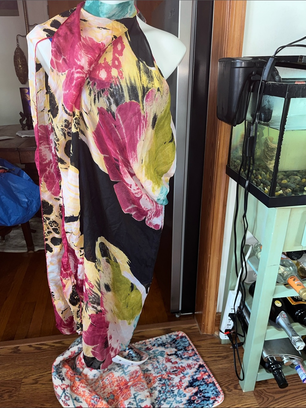 Floral Halter Beach Cover- up in Black with Pink & Lime Accents